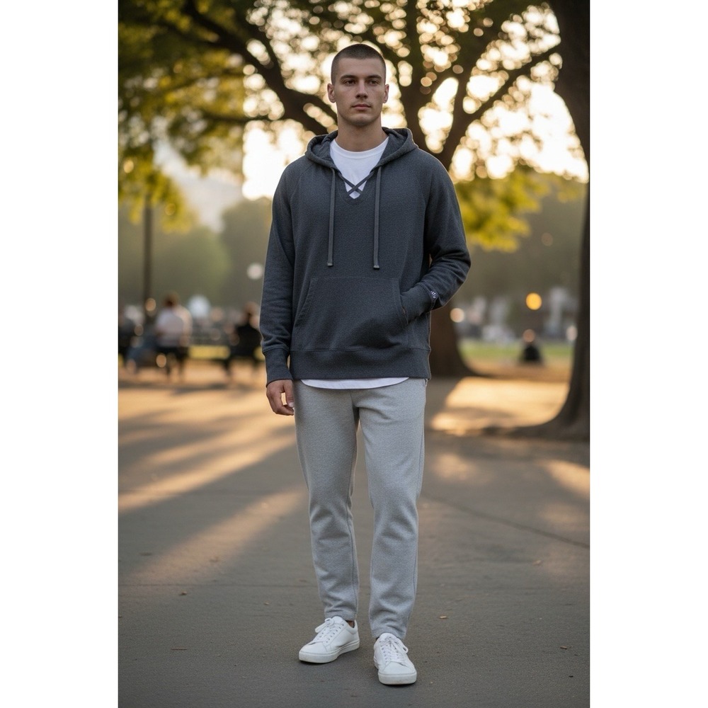Alo Yoga Pullover Hoodie Unisex Est XL Charcoal Gray Lace-Up Neck
